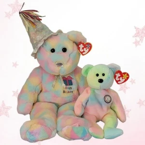 🎉 JUEGO DE OSO DE CUMPLEAÑOS 🎉 TY Beanie BABY & BUDDY Set - MWMT'S - Imagen 1 de 8