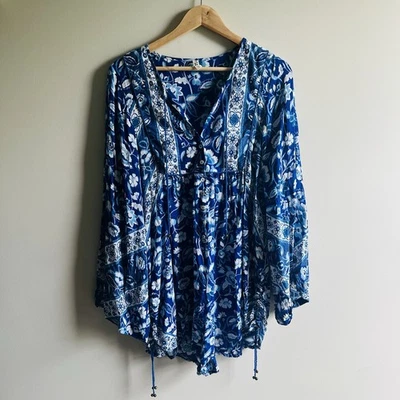 Spell & Gypsy Romper Shorts Lolita Women Size Large Blue Floral Long Sleeve - Image 1 of 4