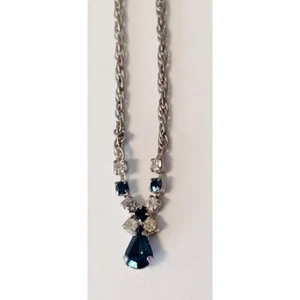Retro Estate Art Deco Simulated Sapphire & Diamond Necklace Silver Tone Chain - Picture 1 of 5