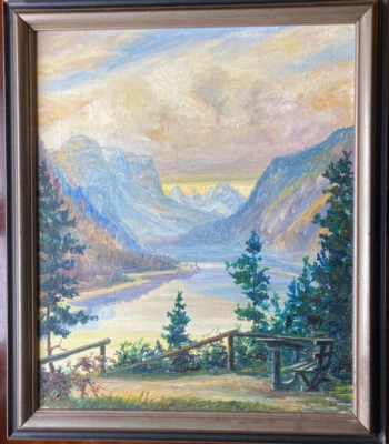 Картина маслом вид из альпийской долины озера горы с тропой и деревянная скамья - Изображение 1 из 4