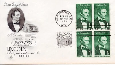 U.S. Scott #1113 1c Lincoln Sesquicentenario Bloque Primer Día Cubierta Arte Foto 1 de 2