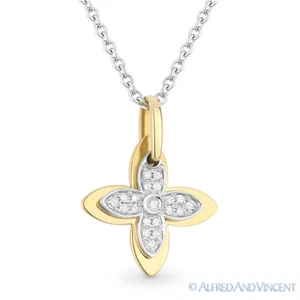 4-Petal Flower Luck Charm Diamond 2-Tone 14k Yellow White Gold Necklace Pendant - Picture 1 of 1