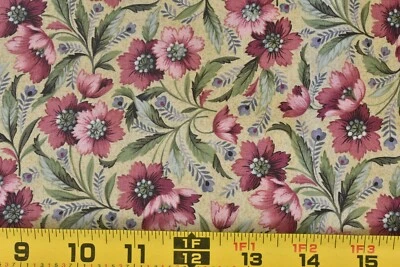 32" Long, Pink & Green Floral on Tan Cotton, FreeSpirit, "Petite Jardin", P7076 - Image 1 of 4