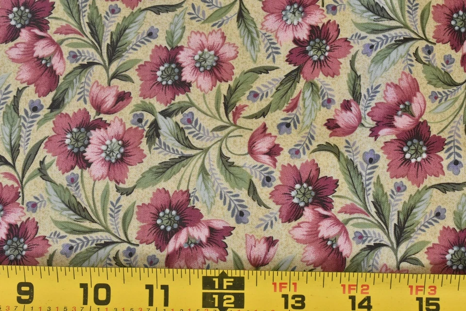 32" Long, Pink & Green Floral on Tan Cotton, FreeSpirit, "Petite Jardin", P7076 - Image 1 of 4