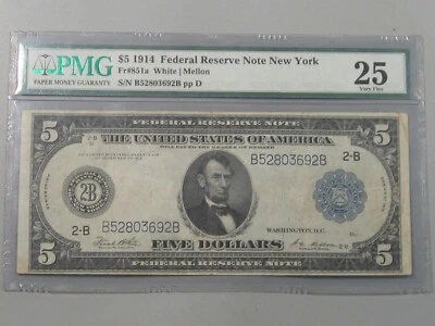 Choice VF 1914 FRN Large Note $5 New York PMG VF 25 Fr#851a B/B Block.  #11 - Image 1 of 4