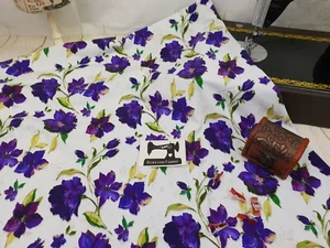 Purple Peonies floral on white cotton elastane stretch knit fabric 150cm wide - Bild 1 von 2