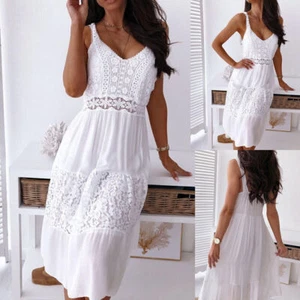 Womens Boho Sleeveless V Neck Lace Mini Dress Ladies Summer Holiday Beach Dress - Picture 1 of 4