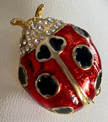 Vintage Rhinestone Enamel Ladybug Brooch Red Black Gold Tone 1" - Image 1 of 4
