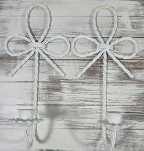 Vtg White Twisted Rope Iron Bow Candle Holder Wall Sconces 12" Shabby Chic  - Picture 1 of 4