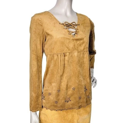 Camisa con cordones vintage años 90 Y2K Boho Western Festival imitación gamuza otoño ojales Foto 1 de 4