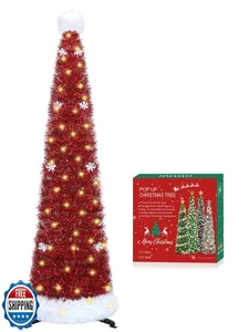 HMASYO 5 FT Pop Up Christmas Tree with Timer Lights, Red Christmas Hat Tinsel - Picture 1 of 5