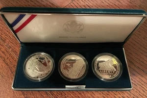 1994 US Veterans Commemorative Silver Dollars 3-Coin Proof Set, COA OGP Case/Box - Picture 1 of 4
