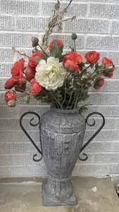 Vaso urna da giardino vintage 19” floreale fusione finto cemento intagliato motivo geometrico rosso - Foto 1 di 12