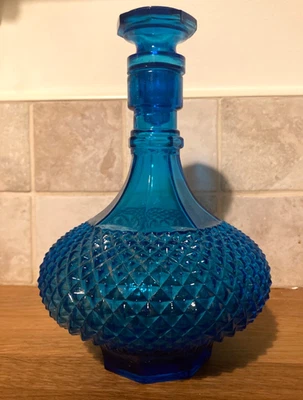 Rare Vintage Empoli Blue glass hobnail decanter MCM ITALY  h: 24 cm 9. 5 inch - image 1 of 4