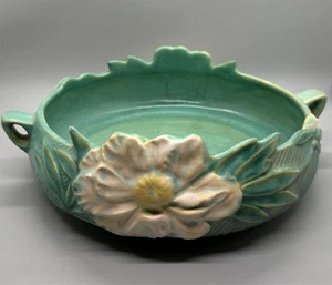 Vintage MCM Roseville Art Pottery Peony Nile Green Handled Console Bowl 429-8 - Picture 1 of 6
