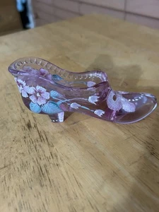 Vintage Fenton Hand Painted Flowers Glass Slipper Purple Shoe Signed by Artist - Picture 1 of 7