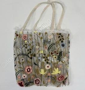 ZARA CREME ORGANZA TÜLL BLUMENSTICKEREI BEUTELTASCHE BUNT BESTICKT SHOPPER - Bild 1 von 24