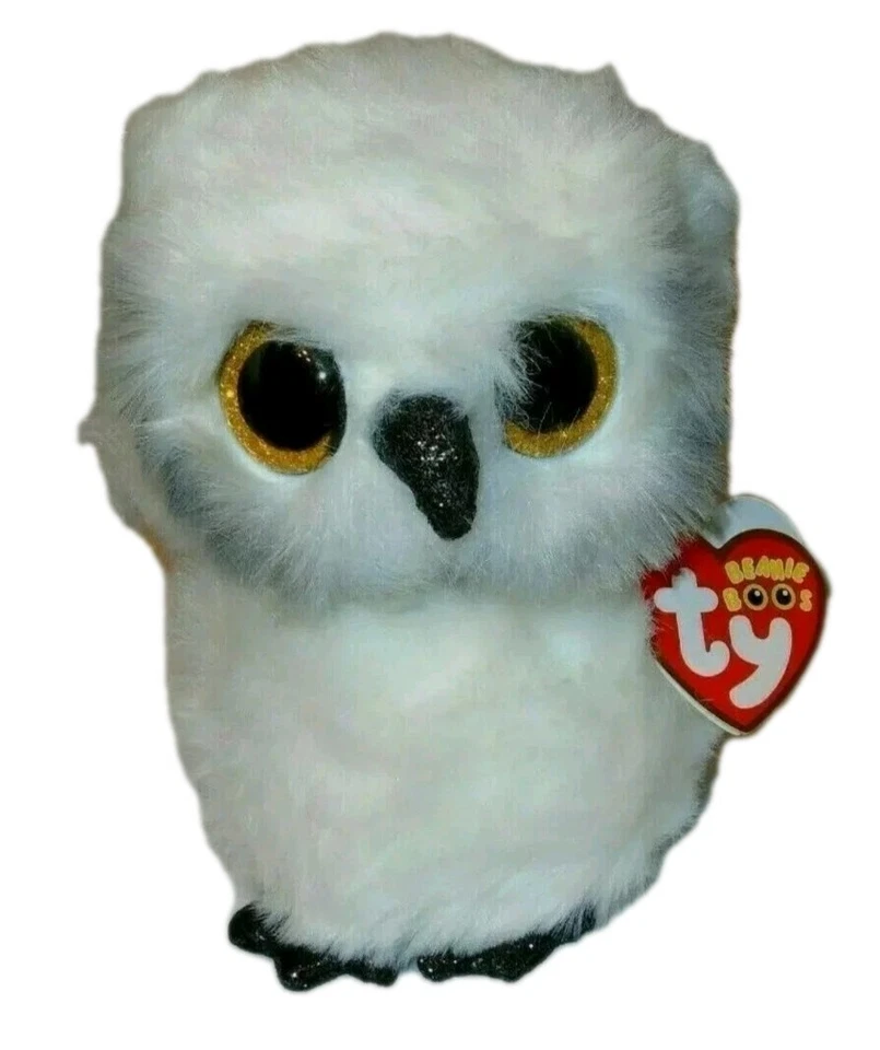 TY Beanie Boo Austin Owl Glitter Eyes 6" White Plush Realistic Stuffed Animal