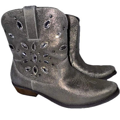 Yellow Box Cowboy Boot Women’s Sz 9 Rhinestone Glimmer Metallic Zip 1” Heel Read - Image 1 of 4