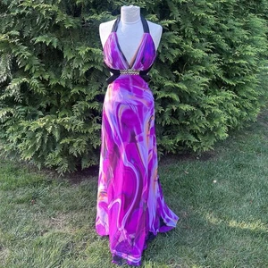 Faviana Couture Maxi Dress Halter Flared Swing Vibrant Colors Open Back Size 8 - Picture 1 of 8