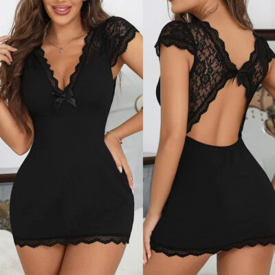 Sexy Mujeres Lencería de Encaje Peluche Babydoll Espalda Sin Mangas Vestido Camisón Prendas para dormir Foto 1 de 4