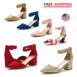 Women Ladies Chunky Heel Ankle Strap Pointed Toe Casual Party Wedding Pumps Shoe - Picture 1 of 13
