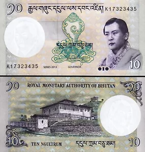 Banknote - 2013 Bhutan, 10 Ngultrum, P29b UNC, King Wangchick (F) Paro Dzong (R) - Picture 1 of 1