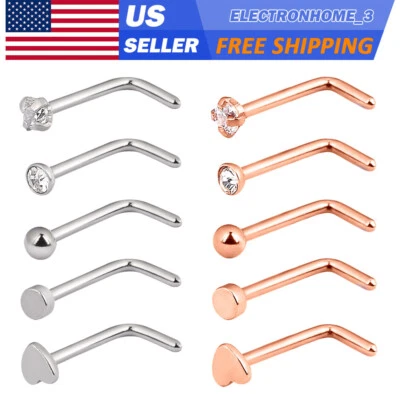 5PCS L-Shape Nose Stud Ring Surgical Steel L Bend Nostril Pin Body Piercing 20G - Image 1 of 4