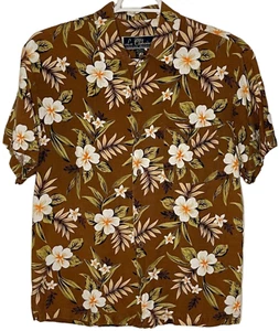 Mens Short Sleeve Shirt Size M Hawaiian Button Up Brown Linen Floral Tropical - Picture 1 of 9