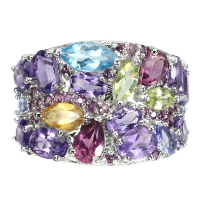 925 Anello Argento Sterling Marquise Svizzero Blu Topazio Citrino Gemma Gioielli - Immagine 1 di 4