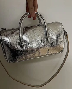 MARGE SHERWOOD Zipper Small Bag Silver Crinkle Leather Mini Shoulder - Picture 1 of 2