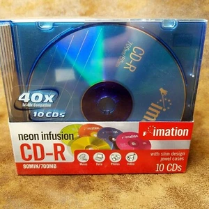 Imation Neon Infusion CD-R 40X 700MB 80min Factory Sealed Jewel Cases Pack of 10 - Picture 1 of 5