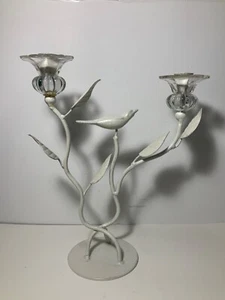 Vintage Toleware White Metal & Glass Birds & Leaves 2 Candlestick Holder 13 in - Picture 1 of 19