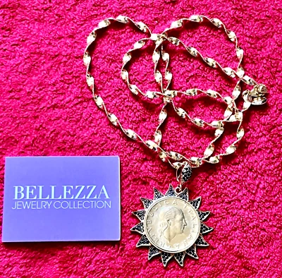 BELLEZZA BLACK SPINEL LIRA SUN COIN PENDANT 24" BRONZE GOLD TONE NECKLACE     MG Foto 1 de 4