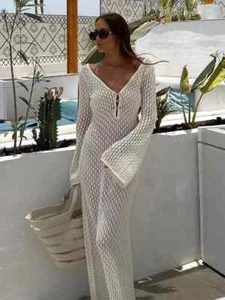 Women's Long Knit Beach Cover Up Dress – V Neck, Flare Sleeve, Hollow Out - Picture 1 of 13