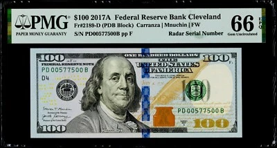 $100 2017A Federal Reserve Bank Cleveland "Super Radar Serial #" PMG 66 EPQ Gem  - Image 1 of 3