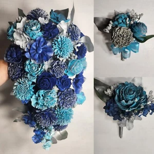 Turquoise Royal Blue Silver Sola Wood Flower Bridal Wedding Bouquet Accessories - Picture 1 of 4
