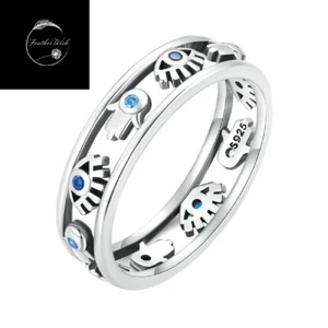 Genuine Sterling Silver 925 Lucky Hamsa Evil Eye Protection Band Ring Blue CZ - Picture 1 of 7