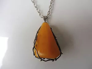 Collana, Butterscotch, 800 Argento Con Bellissimo, Grande Ciondolo In Ambra - Foto 1 di 5