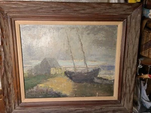 Vintage Nautical Cape Code, Fisherman hut and Beached Boat Oil on board, 1950ish - Picture 1 of 9