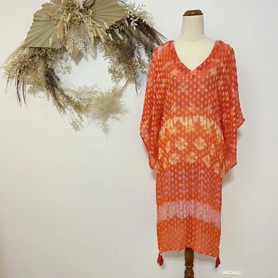 Ruby Yaya Orange Floral Kaftan Dress Size S Colourful Pattern Boho ARTY Tassels - image 1 of 4
