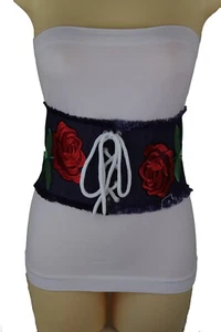 Women Wide Dark Blue Color Denim Fabric Corset Fashion Belt Red Flower Size S M - Picture 1 of 12