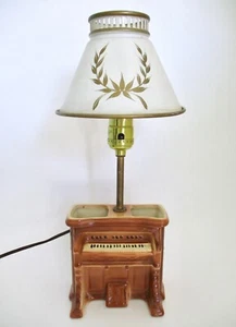 Vtg MCM Shabby Ceramic Figural Pump Organ Planter Lamp Metal Tole Leaf Shade - Picture 1 of 9