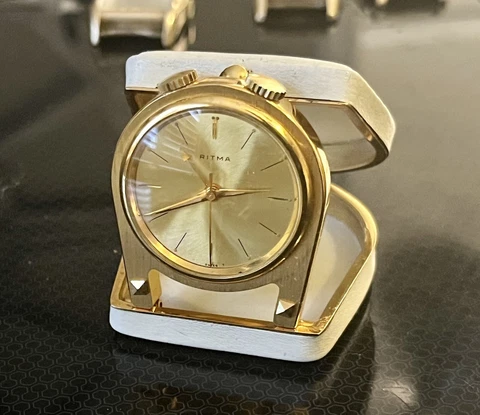 Vintage Swiss Ritma Miniature Winding Travel Alarm Clock. White Leather Case Cover