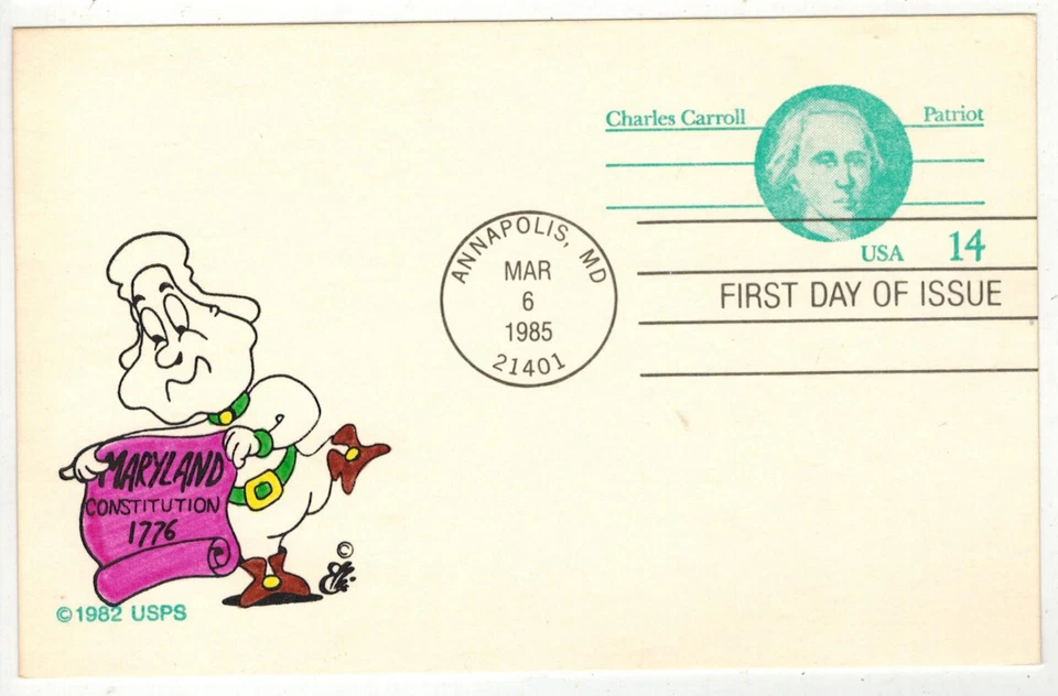 1985 ELLIS ANIMATED HANDPAINTED TINTED FDC UX106 CHARLES CARROLL ANNAPOLIS MD - Image 1 of 1