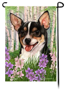 Spring Flowers Garden Flag - Shorthaired Black Tri Chihuahua - Picture 1 of 1