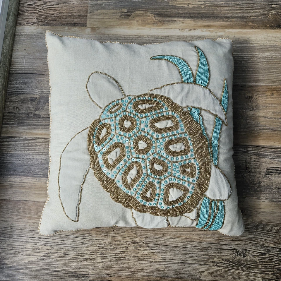 Coastal Decorative Beaded Turtle 18x18 Throw Pillow - Image 1 of 4