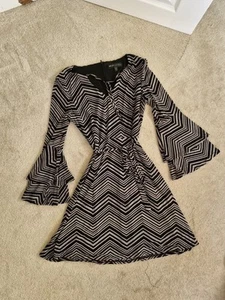 Mela London Women's Stripe Dress Black Khaki Chiffon Flare Sleeve Festival 10 - Picture 1 of 2