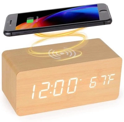Wooden Digital Alarm Clock with Wireless Charging Station, Fast Wireless Charger - Image 1 of 2