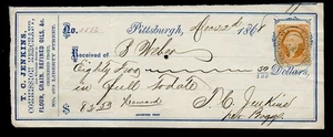 U.S. REVENUE TIED w/BLUE OVAL CANCEL DEC,1868 PITTSBURG TO 1868 MERCHANT CHECK - Picture 1 of 5